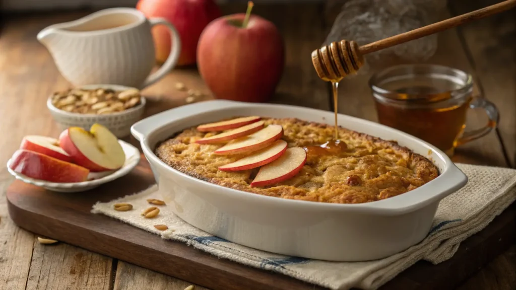 Warm apple oatmeal bake airfryer with golden crust and fresh apples