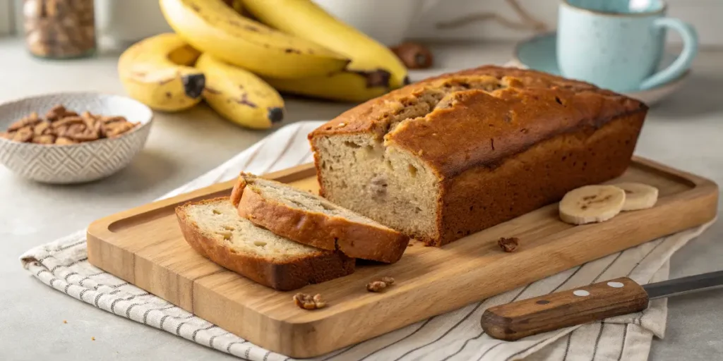 Banana bread recipe with two bananas, freshly baked and sliced.