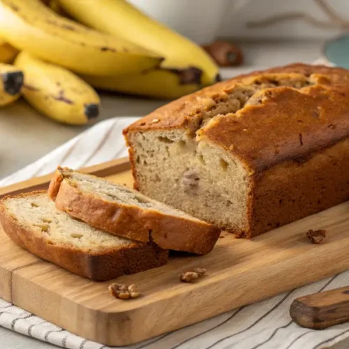 Banana bread recipe with two bananas, freshly baked and sliced.