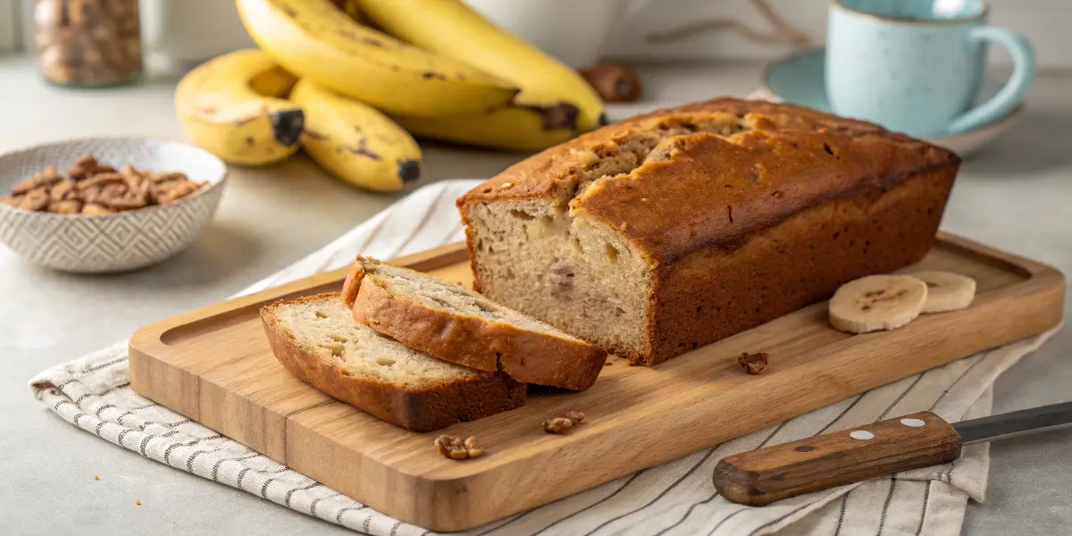 Banana bread recipe with two bananas, freshly baked and sliced.