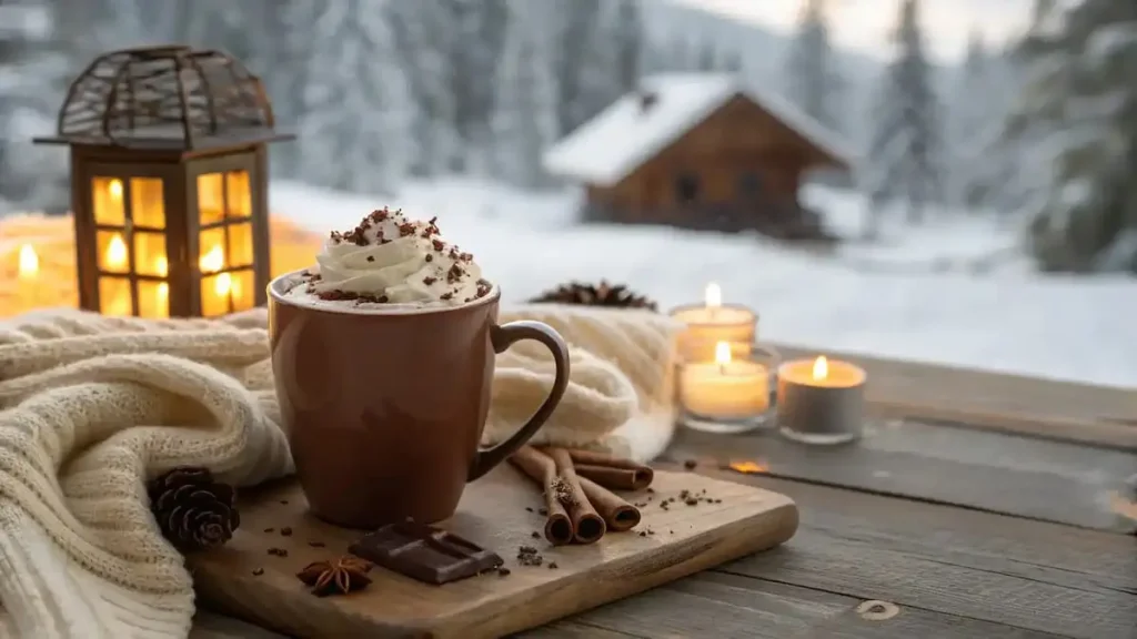 A steaming mug of homemade hot chocolate topped with whipped cream and chocolate shavings in a cozy winter setting.