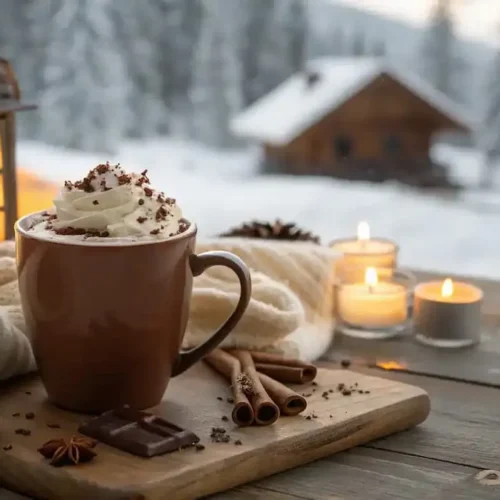 A steaming mug of homemade hot chocolate topped with whipped cream and chocolate shavings in a cozy winter setting.