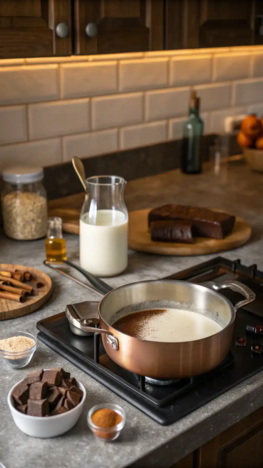 A saucepan with milk heating on the stove, surrounded by cocoa powder, sugar, and vanilla extract in a cozy kitchen.