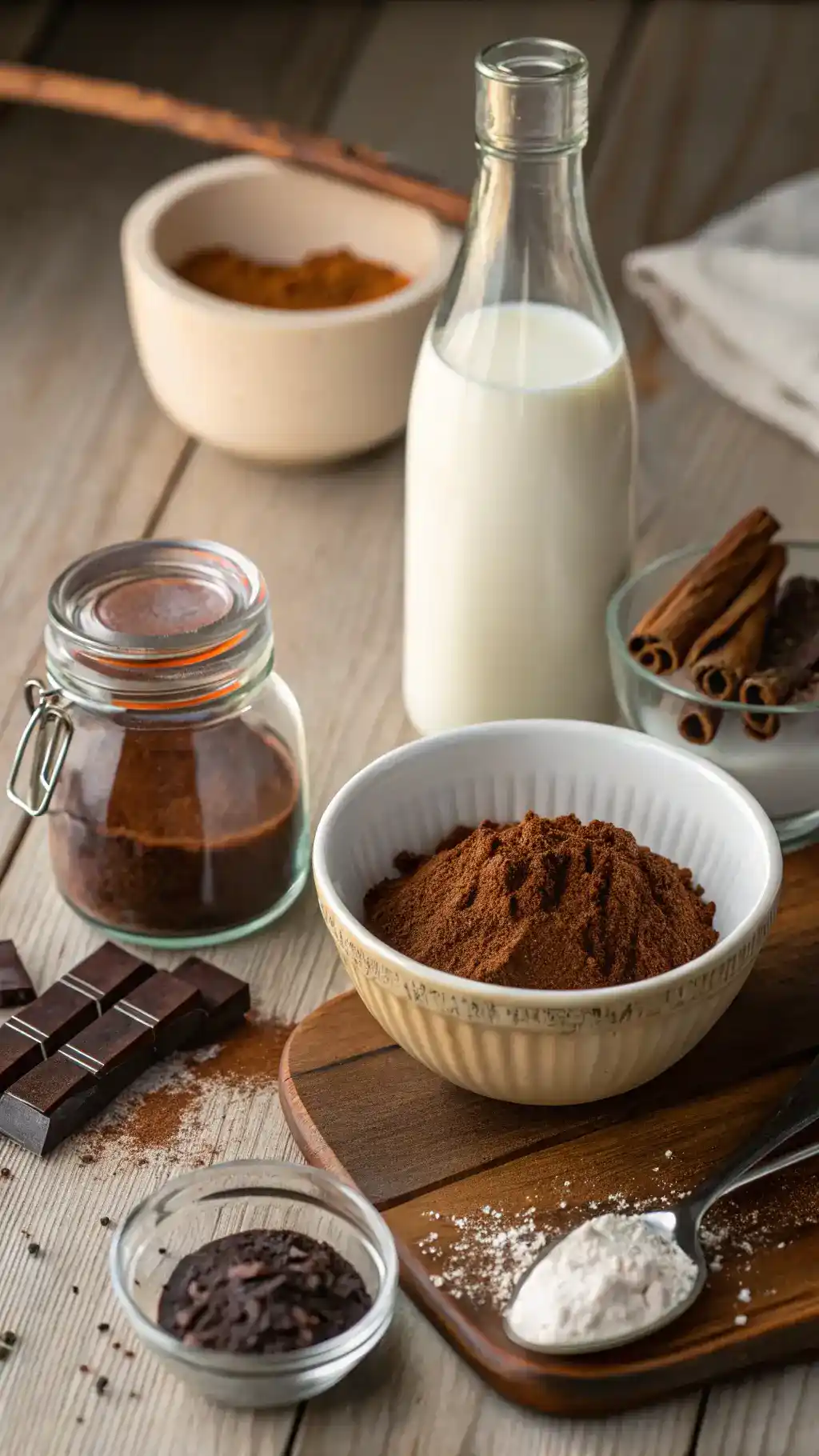 Ingredients for homemade hot chocolate including milk, cocoa powder, sugar, vanilla extract, and salt on a wooden table.