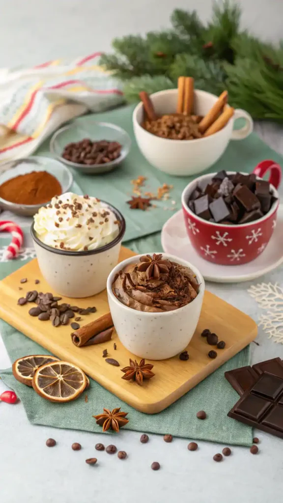 A variety of toppings for hot chocolate including whipped cream, chocolate shavings, and cinnamon sticks on a festive table.