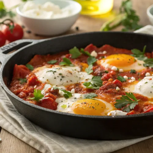 Vibrant shakshuka recipe in a cast-iron skillet with poached eggs and fresh herbs.