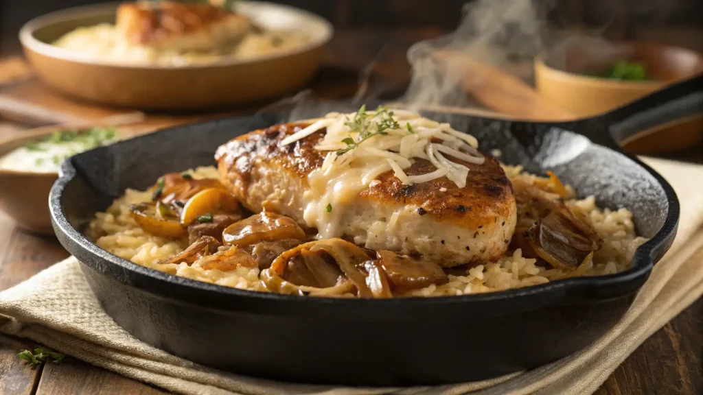 French Onion Chicken and Rice in a cast-iron skillet with melted cheese.