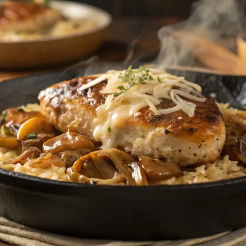 French Onion Chicken and Rice in a cast-iron skillet with melted cheese.