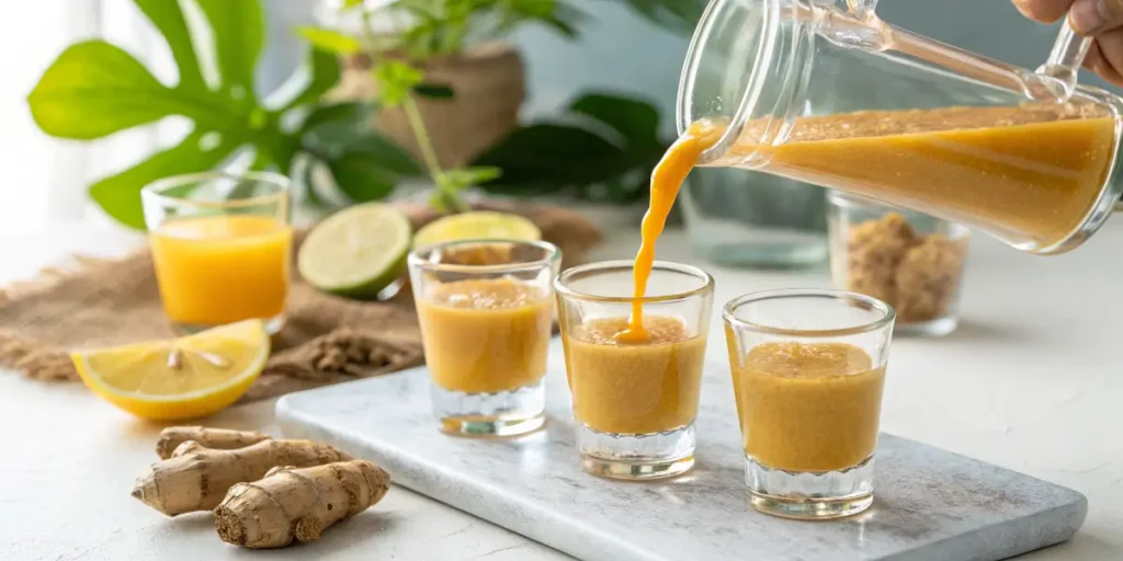Pouring freshly made immunity shots into small glasses.