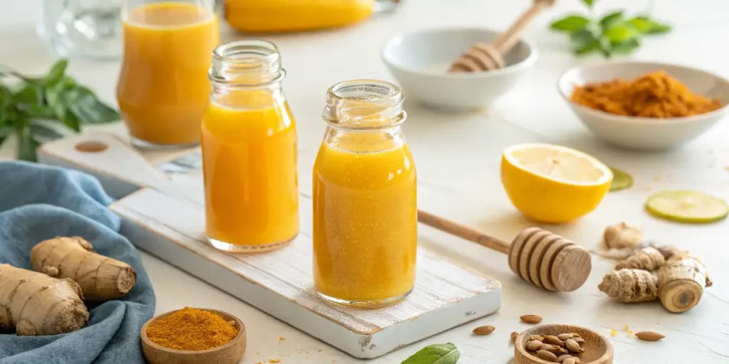 Freshly made immunity shots with ginger, turmeric, and citrus.