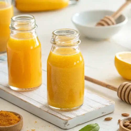 Freshly made immunity shots with ginger, turmeric, and citrus.