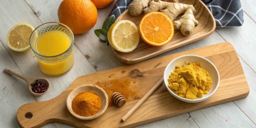 Ingredients for immunity shots, including citrus, ginger, turmeric, and honey.