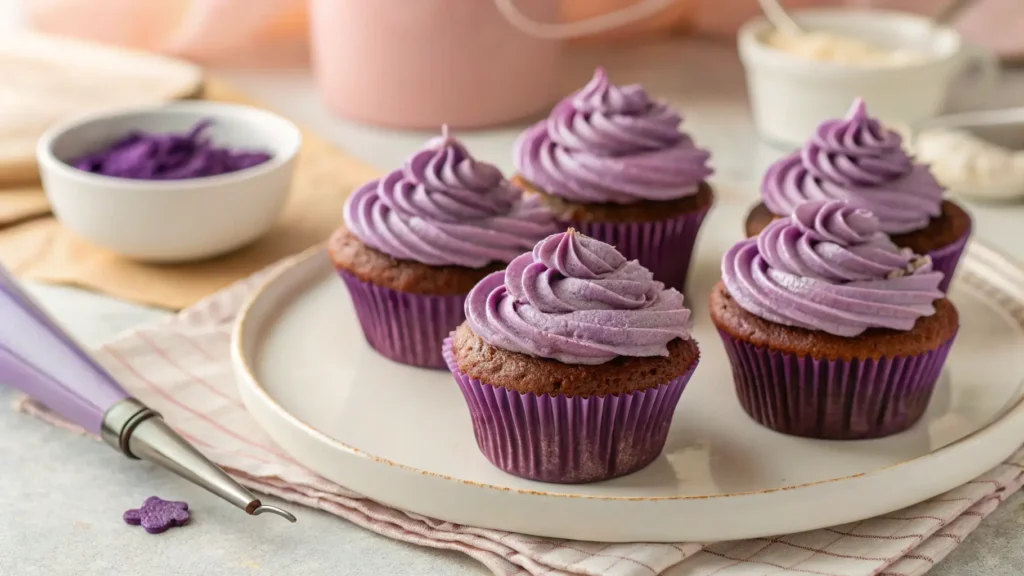 Freshly baked ube cupcakes with creamy ube frosting on a plate.
