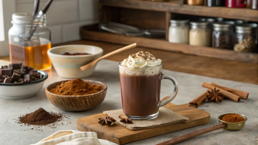 Delicious bone broth hot chocolate in a cozy kitchen setting.