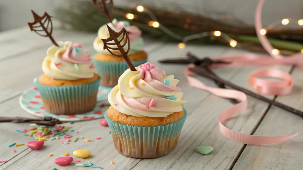 Bow and arrow cupcakes with pastel frosting and edible decorations