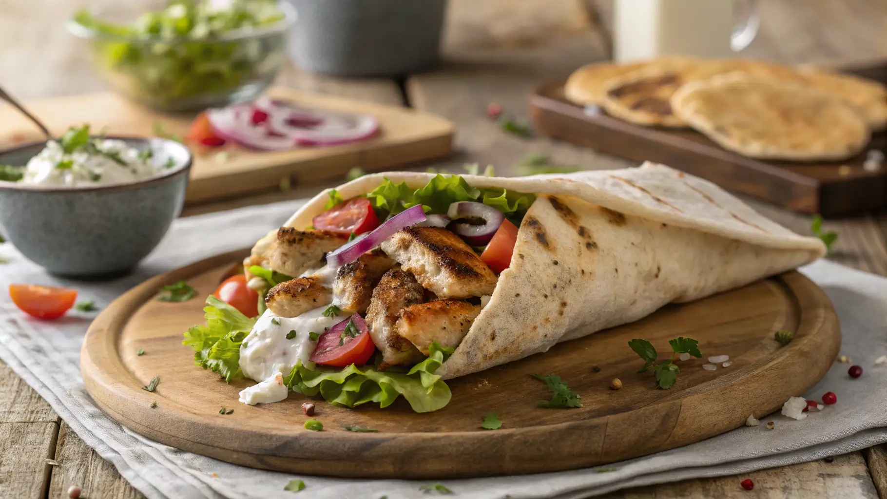 Delicious chicken pita wrap with fresh vegetables and tzatziki sauce.