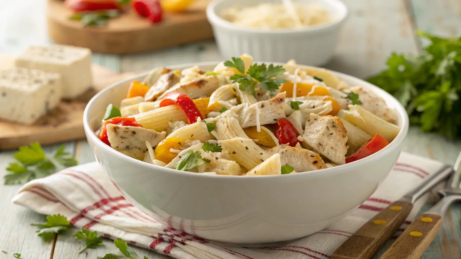Chicken Ranch Pasta Salad served in a bowl with fresh parsley.