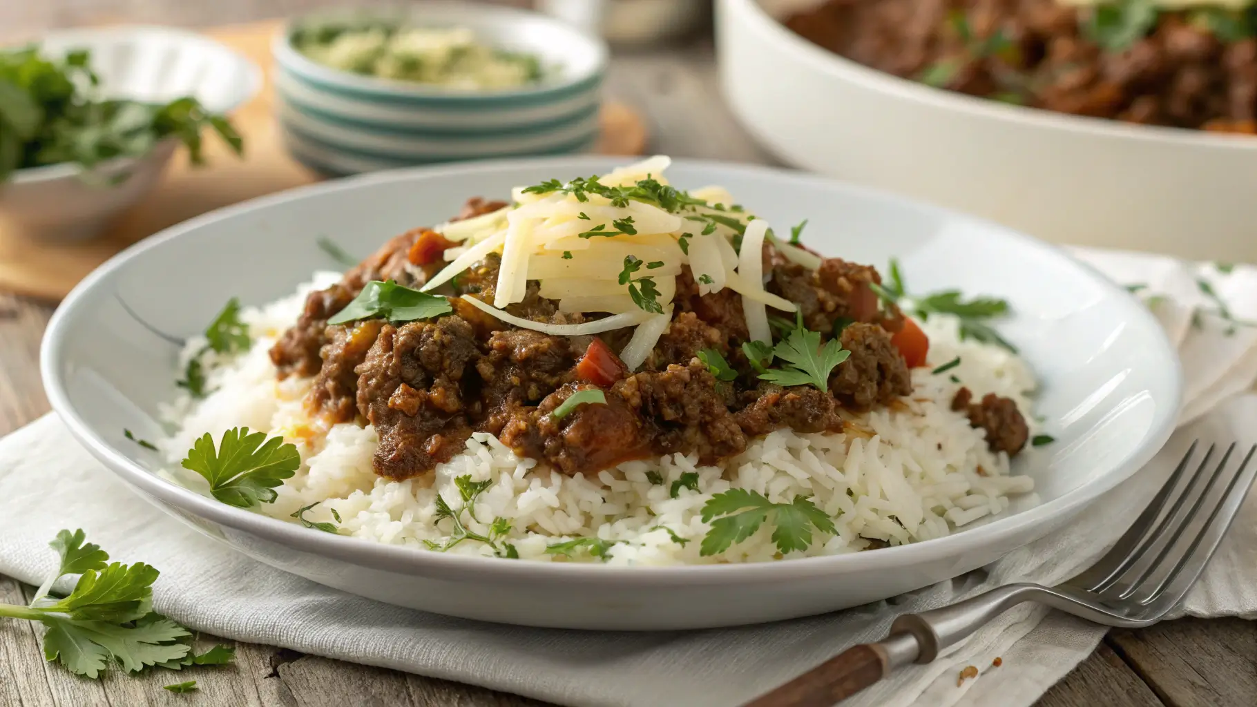 Delicious crock pot ground beef served over rice