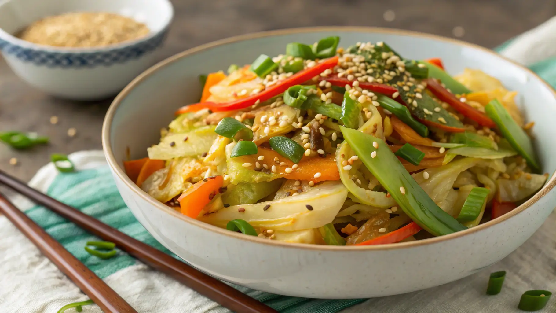 Plated napa cabbage stir-fry ready to eat.