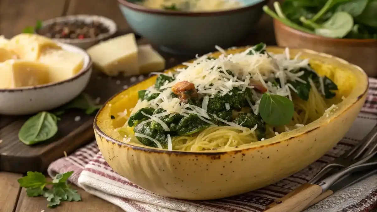 Cheesy Garlic Parmesan Spinach Spaghetti Squash