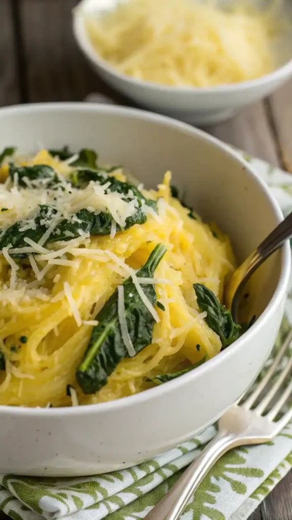 Close-up of Cheesy Garlic Parmesan Spinach Spaghetti Squash
