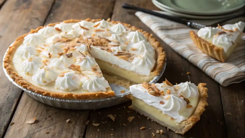 Coconut Cream Pie with whipped cream and toasted coconut flakes
