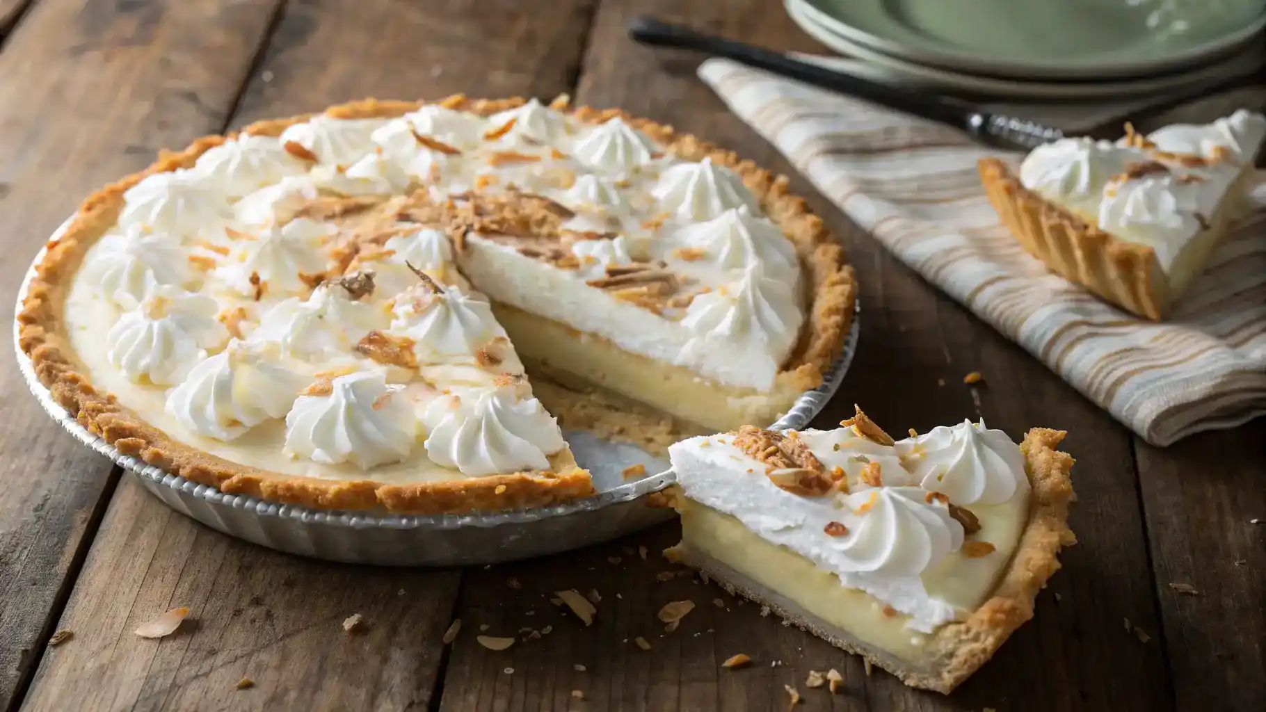 Coconut Cream Pie with whipped cream and toasted coconut flakes