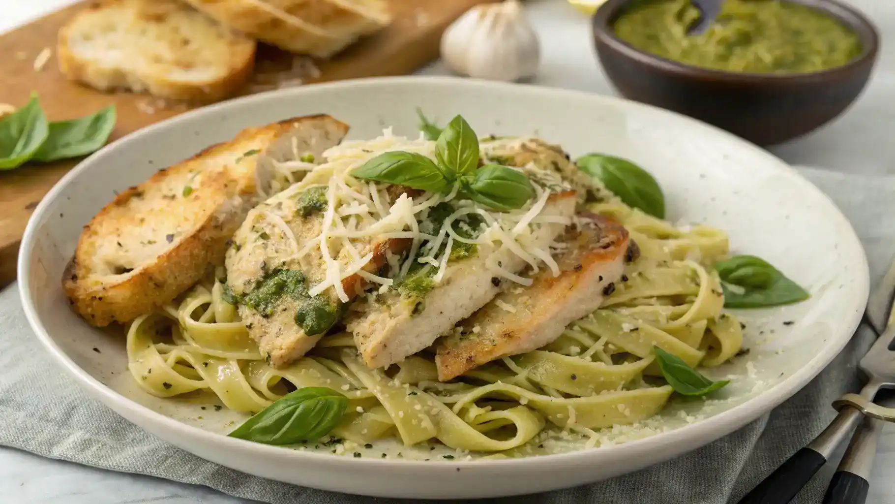 Plated Creamy Pesto Chicken Skillet.