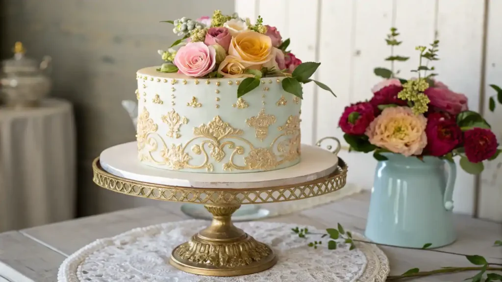 Stunning Rococo cake decorated with gold leaf and flowers