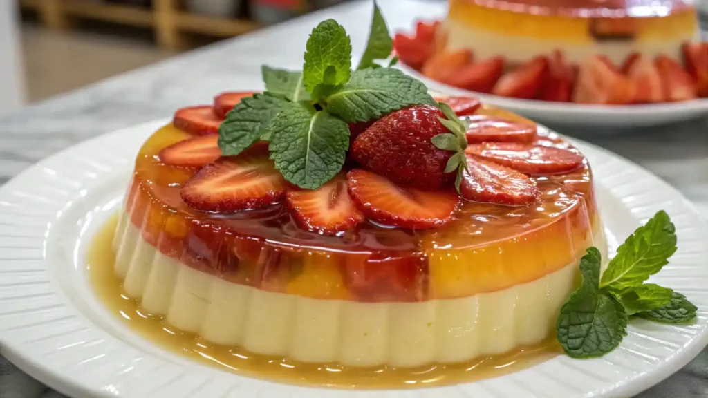 Delicious Jelly Leche Flan with fruit toppings