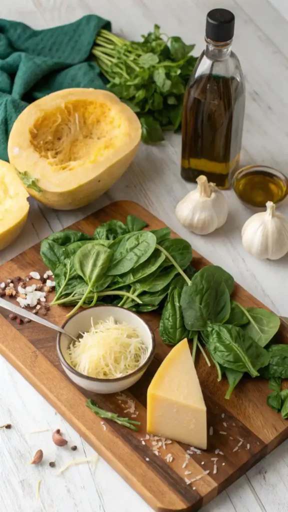 Ingredients for Cheesy Garlic Parmesan Spinach Spaghetti Squash