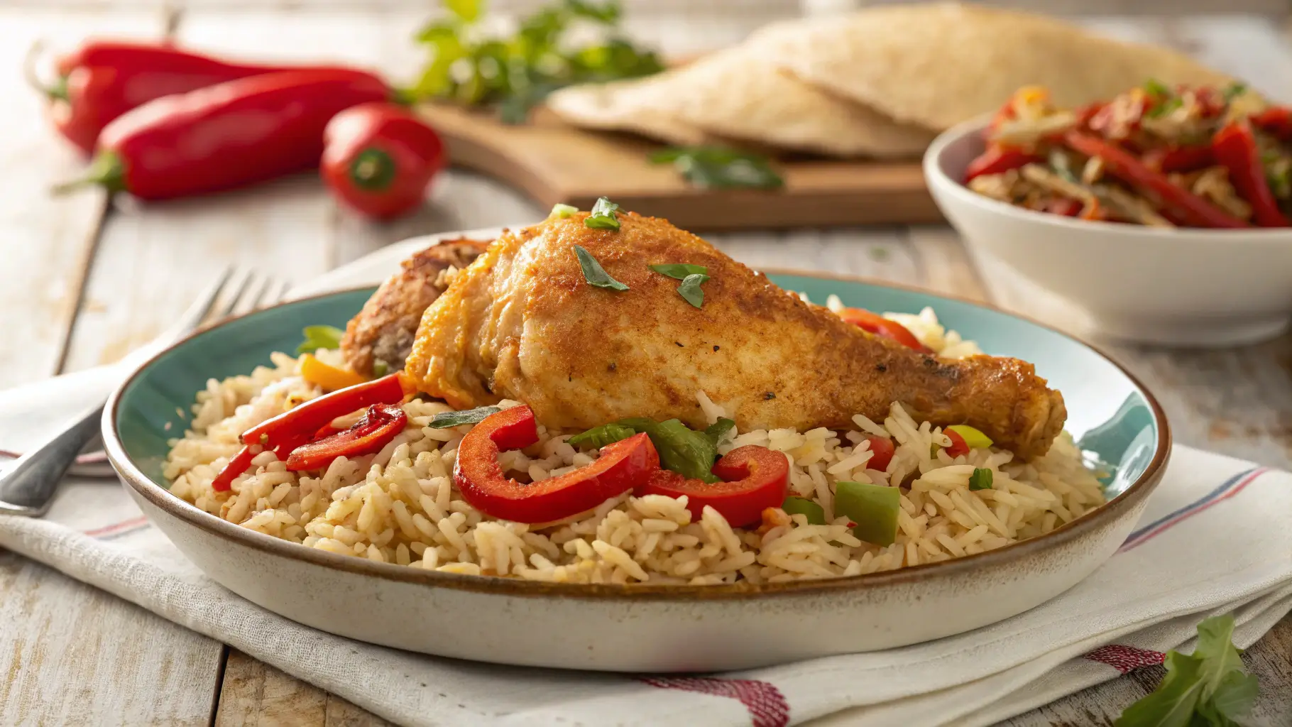 Old fashioned baked chicken with rice and pimentos dish featured on a rustic table