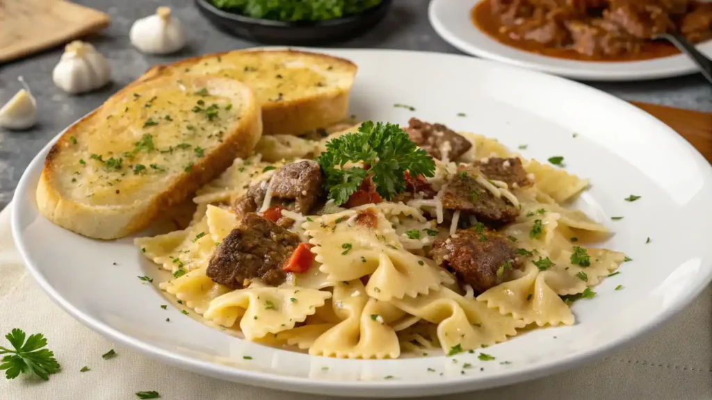 Plated creamy parmesan garlic beef bowtie pasta