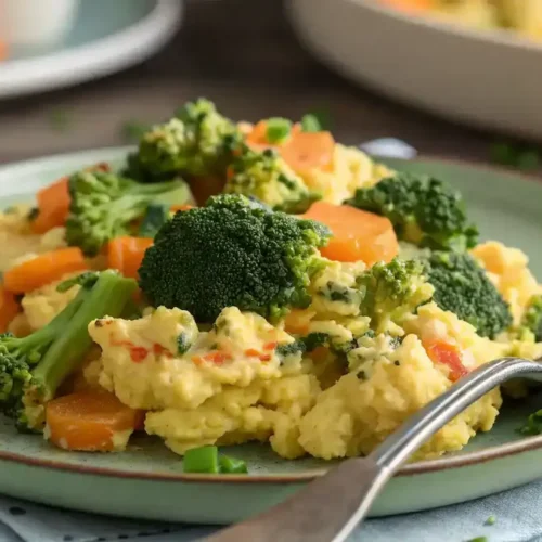Close-up of Broccoli and Carrot Scrambled Eggs