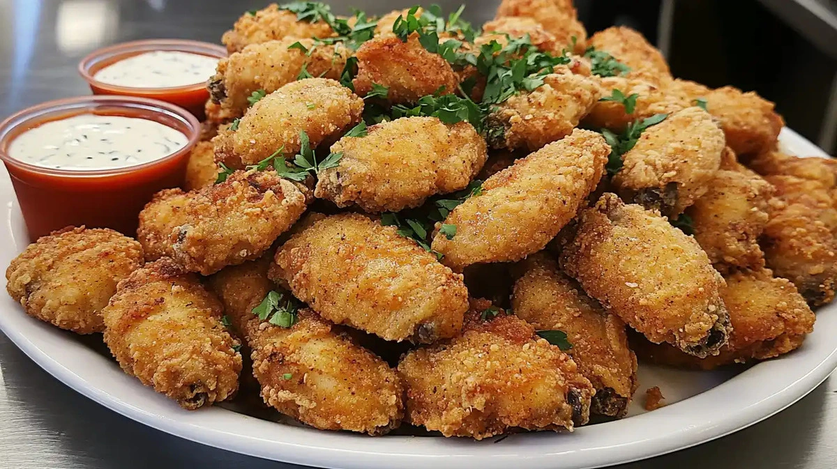 Crispy Costco Chicken Wings served with dipping sauces