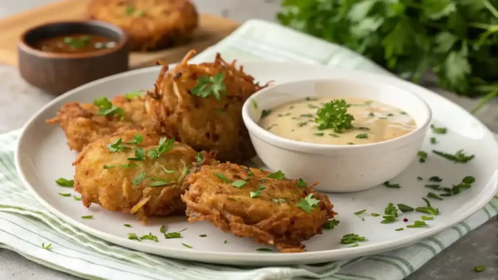 Crispy Amish Onion Fritters Plated
