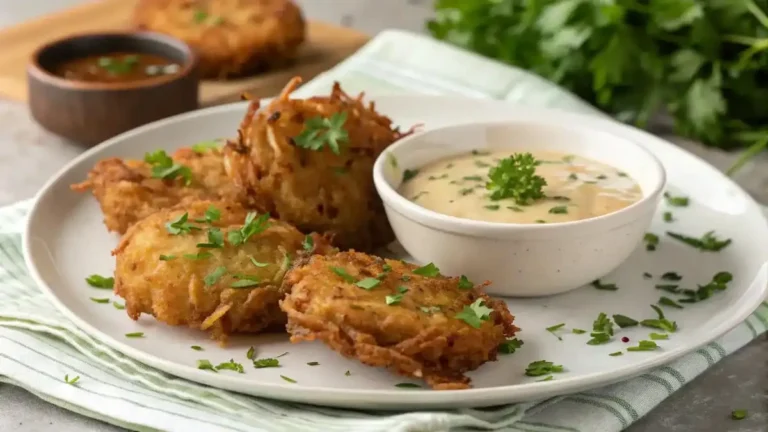 Crispy Amish Onion Fritters Plated