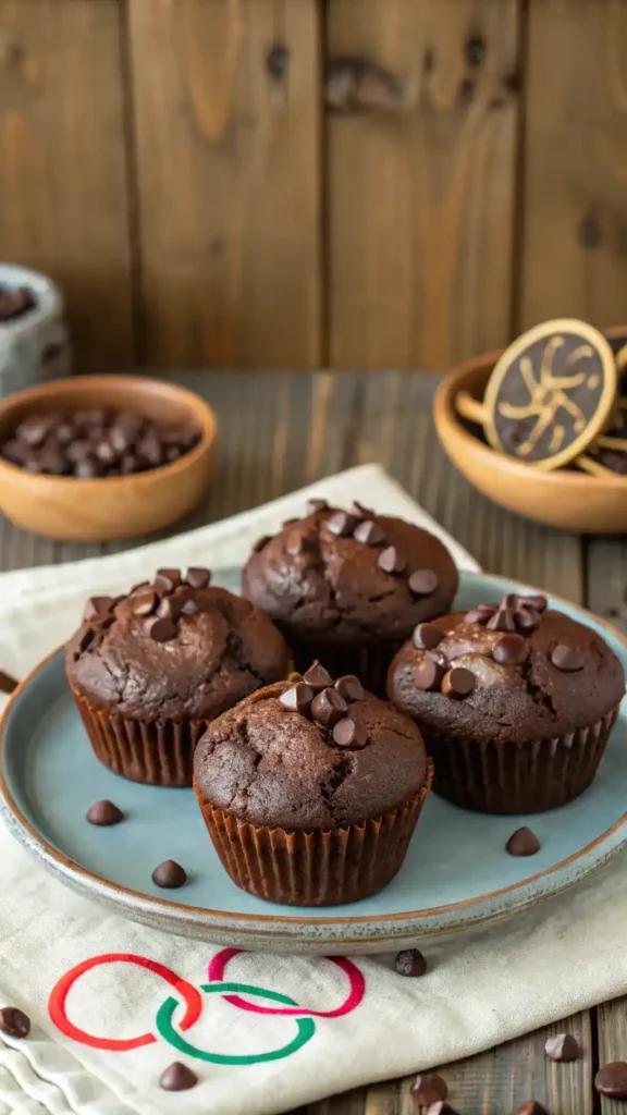 Freshly baked Olympic Chocolate Muffins on a plate