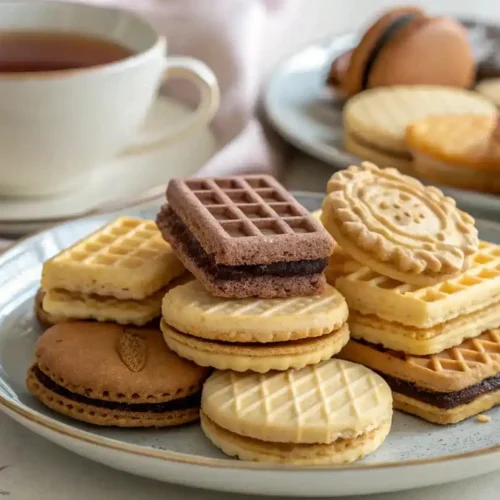 Assorted wafer cookies on a plate.