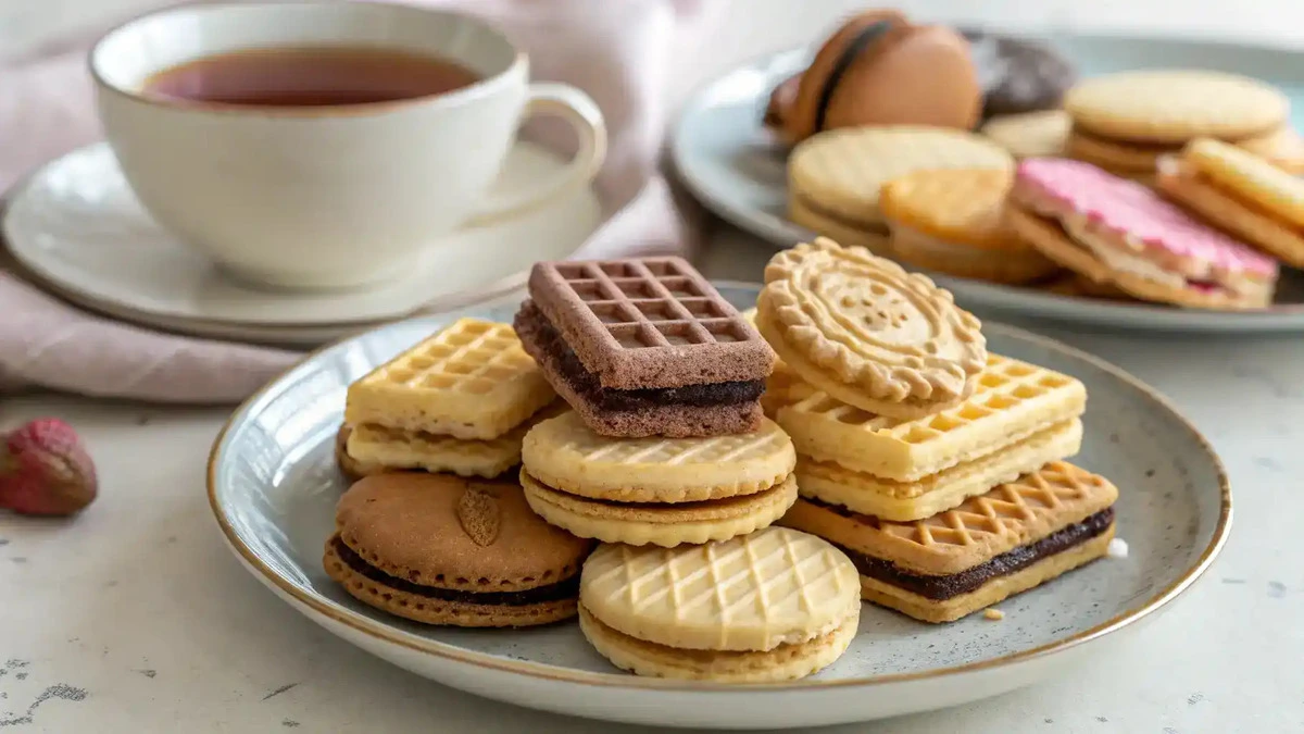 Assorted wafer cookies on a plate.