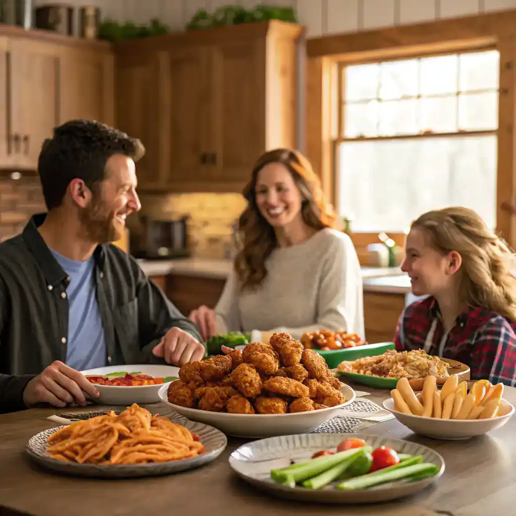 A family enjoying a meal of boneless wings together, highlighting the joy of sharing food.