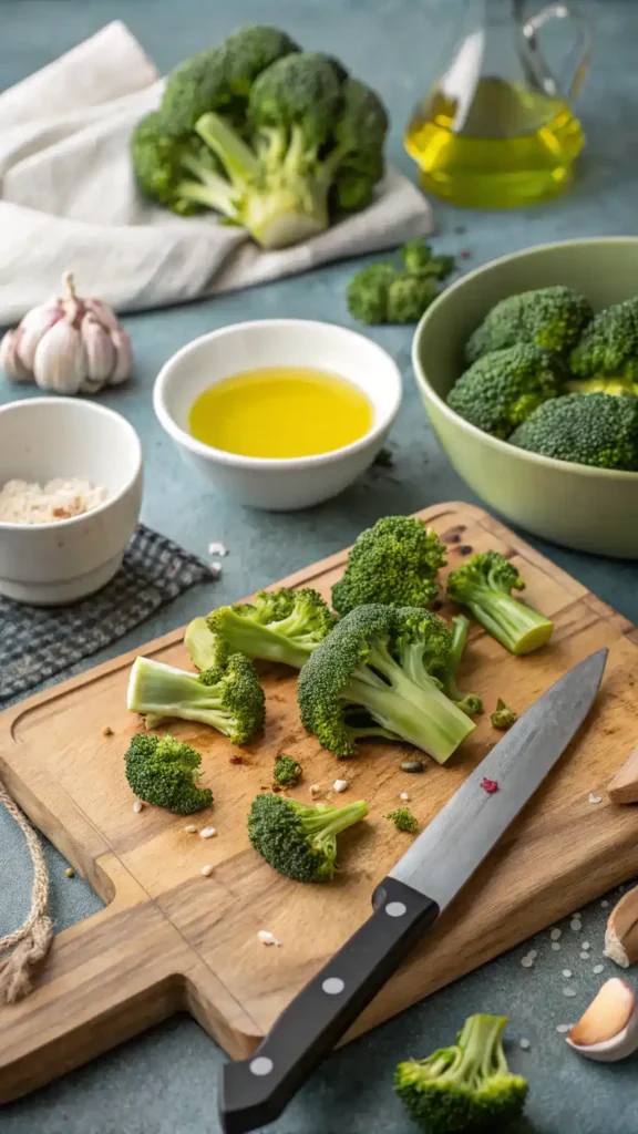 Preparing fresh broccoli for cooking
