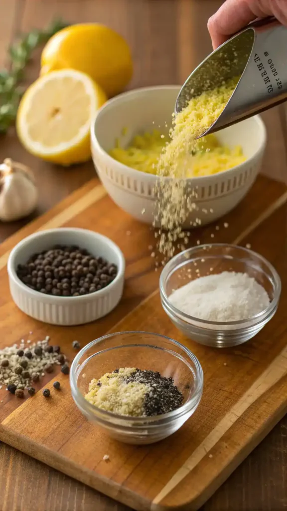 Making lemon pepper seasoning ingredients laid out on a kitchen counter.