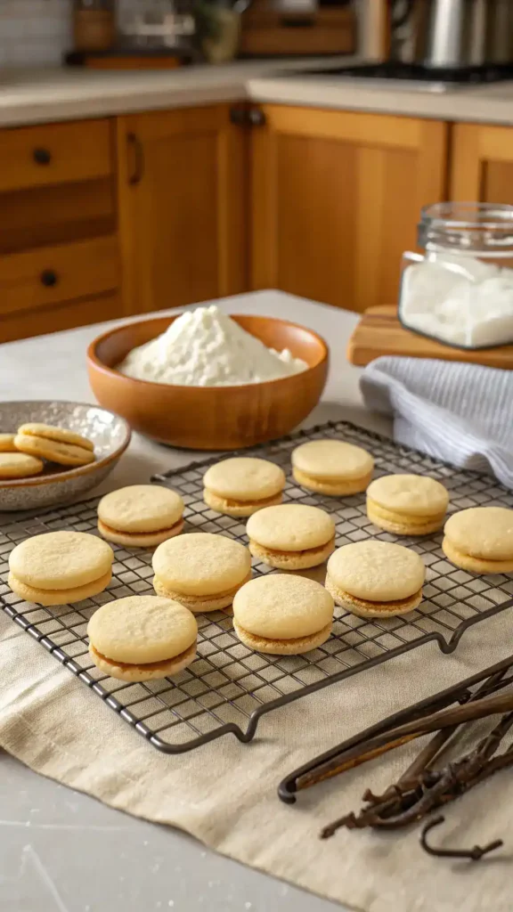 Freshly baked Vanilla Wafer Cookies cooling on a rack.