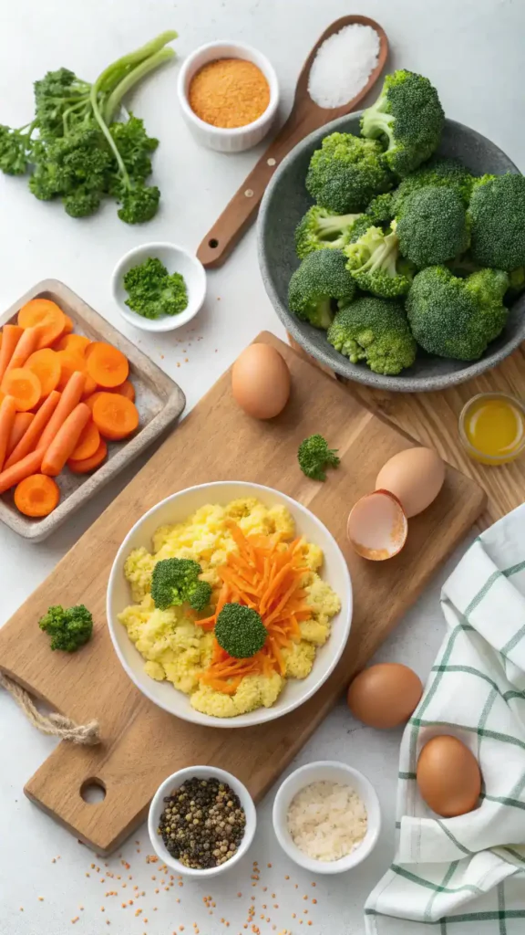 Ingredients for Broccoli and Carrot Scrambled Eggs