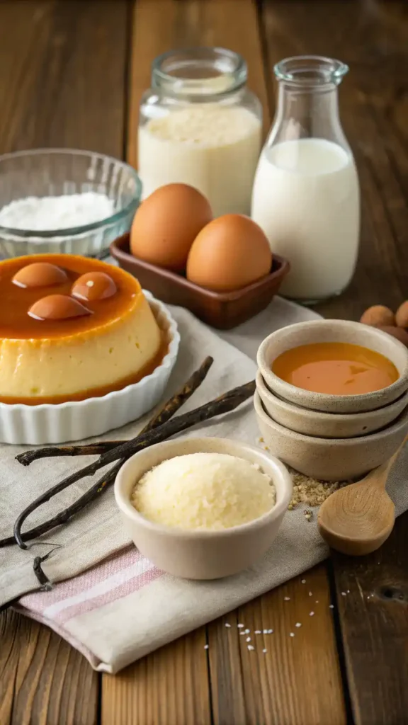 Ingredients for Creamy Custard with Caramel Topping