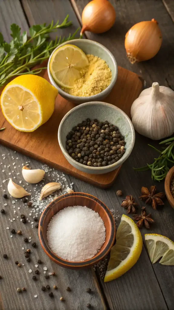 Ingredients for lemon pepper seasoning displayed on a rustic table.