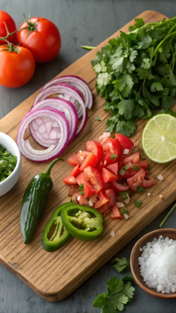 A selection of fresh ingredients for Pico de Gallo including ripe tomatoes, red onion, cilantro, jalapeño, lime, and sea salt arranged on a wooden cutting board.