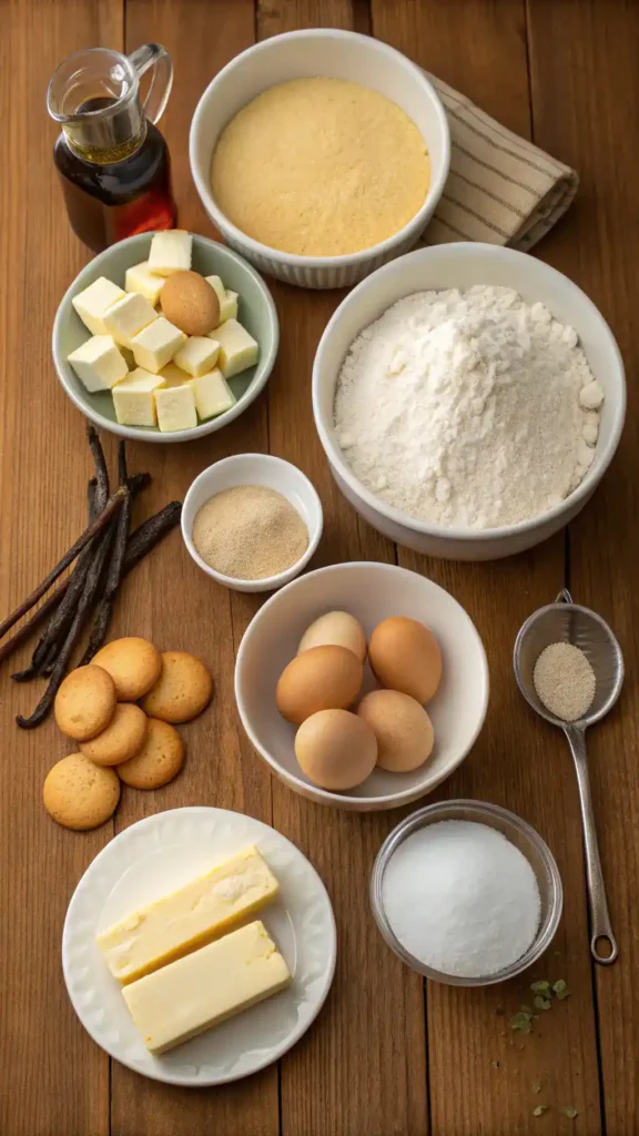 Ingredients for Vanilla Wafer Cookies arranged on a table.