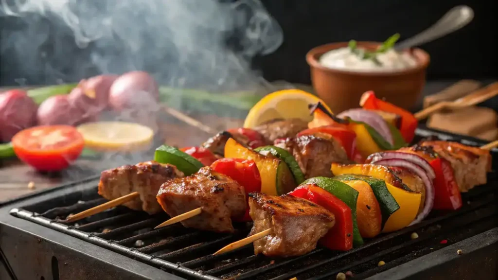 Grilled juicy kebabs with colorful vegetables